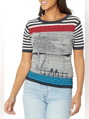 Desigual Women's Knitted Sailor T-Shirt Sweater S Beach Metallic Crewneck Artsy